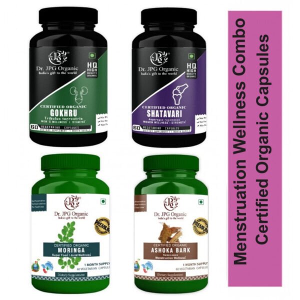 Ashoka, Moringa, Gokhru & Shatavari For Menstruation Wellness 240 veg. Capsules (60 Cap. In Each Bottle) INDIA Organic Certified.