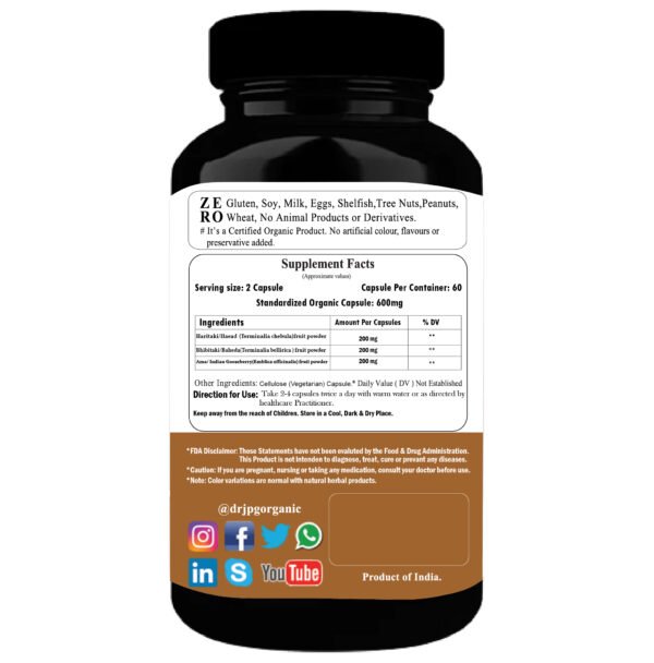 Triphala 600mg, 60Veg. Cap. | INDIA Organic Certified | ISO & GMP Certified. - Image 2