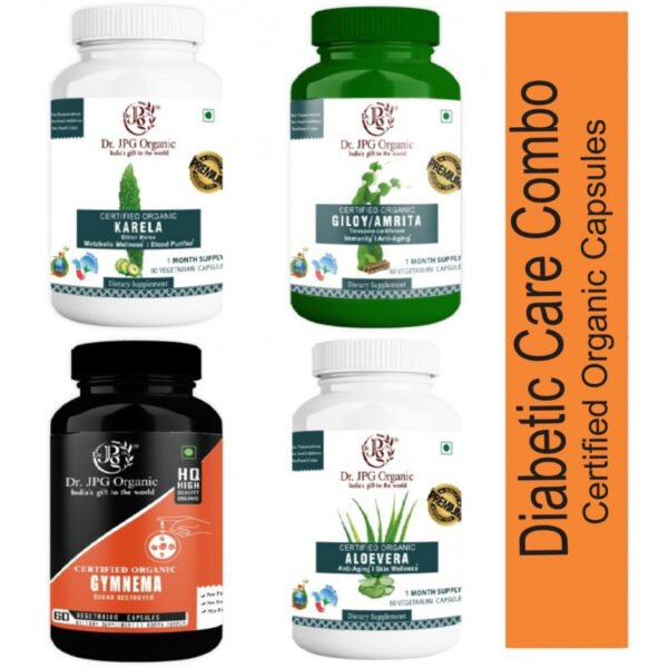 Karela, Giloy, Gymnema & Aloe Vera Capsules For Diabetic Care 240 veg. Capsules (60 Cap. In Each Bottle) INDIA Organic Certified.