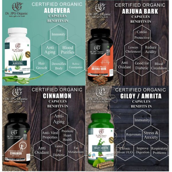 Arjuna, Cinnamon, Aloe Vera & Giloy Capsules For Heart Care 240 veg. Capsules (60 Cap. In Each Bottle) INDIA Organic Certified. - Image 2