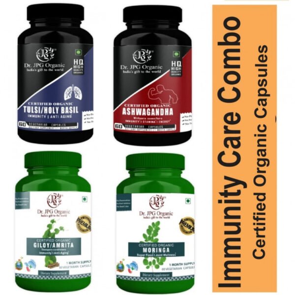 Ashwagandha, Giloy, Moringa & Tulsi Capsules For Immunity 240 veg. Capsules (60 Cap. In Each Bottle) INDIA Organic Certified.