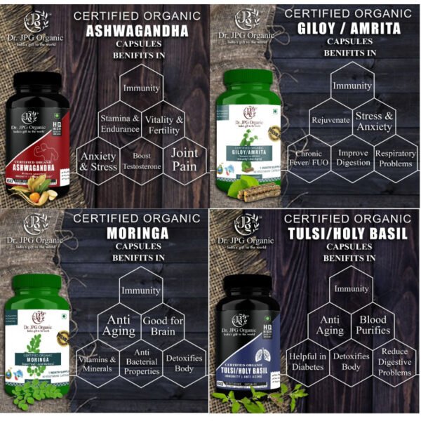 Ashwagandha, Giloy, Moringa & Tulsi Capsules For Immunity 240 veg. Capsules (60 Cap. In Each Bottle) INDIA Organic Certified. - Image 2