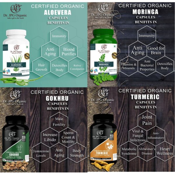 Turmeric, Gokhru, Moringa & Aloe Vera Capsules For Liver & Kidney Wellness 240 veg. Capsules (60 Cap. In Each Bottle) INDIA Organic Certified. - Image 2