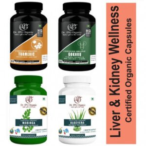 Turmeric, Gokhru, Moringa & Aloe Vera Capsules For Liver & Kidney Wellness 240 veg. Capsules (60 Cap. In Each Bottle) INDIA Organic Certified.