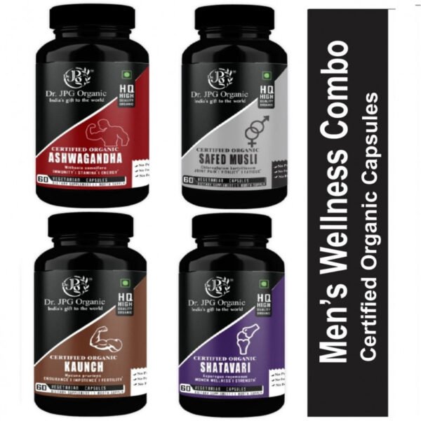 Ashwagandha, Safed, Shatavari & kaunch For Men’s Wellness 240 veg. Capsules (60 Cap. In Each Bottle) INDIA Organic Certified.