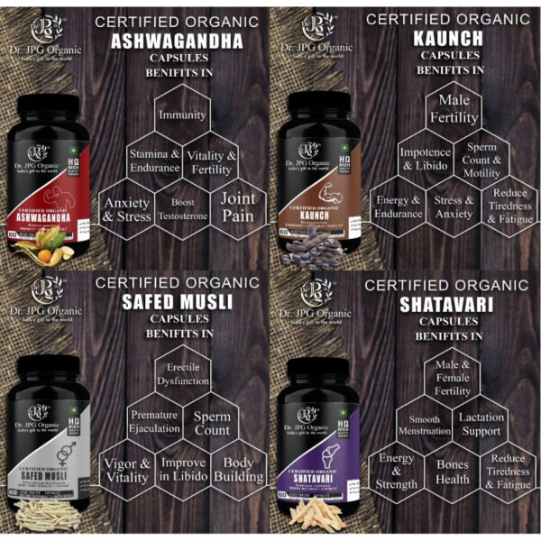 Ashwagandha, Safed, Shatavari & kaunch For Men’s Wellness 240 veg. Capsules (60 Cap. In Each Bottle) INDIA Organic Certified. - Image 2