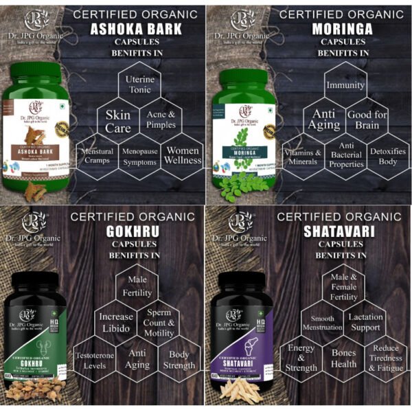 Ashoka, Moringa, Gokhru & Shatavari For Menstruation Wellness 240 veg. Capsules (60 Cap. In Each Bottle) INDIA Organic Certified. - Image 2
