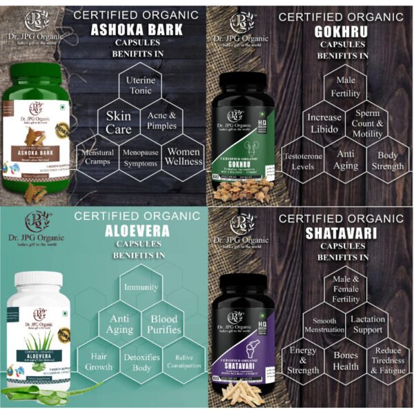 Ashoka, Gokhru, Shatavari & Aloe Vera For Women’s Wellness 240 veg. Capsules (60 Cap. In Each Bottle) INDIA Organic Certified. - Image 2